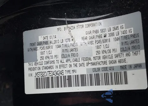 2014 Mazda Cx-9 Touring z USA, uszkodzony, nr VIN JM3TB2CV7E0434246